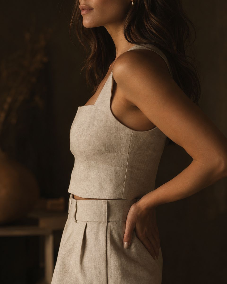 Woman in a natural linen top and trousers, seen in profile in warm, soft light, one hand resting on her hip.